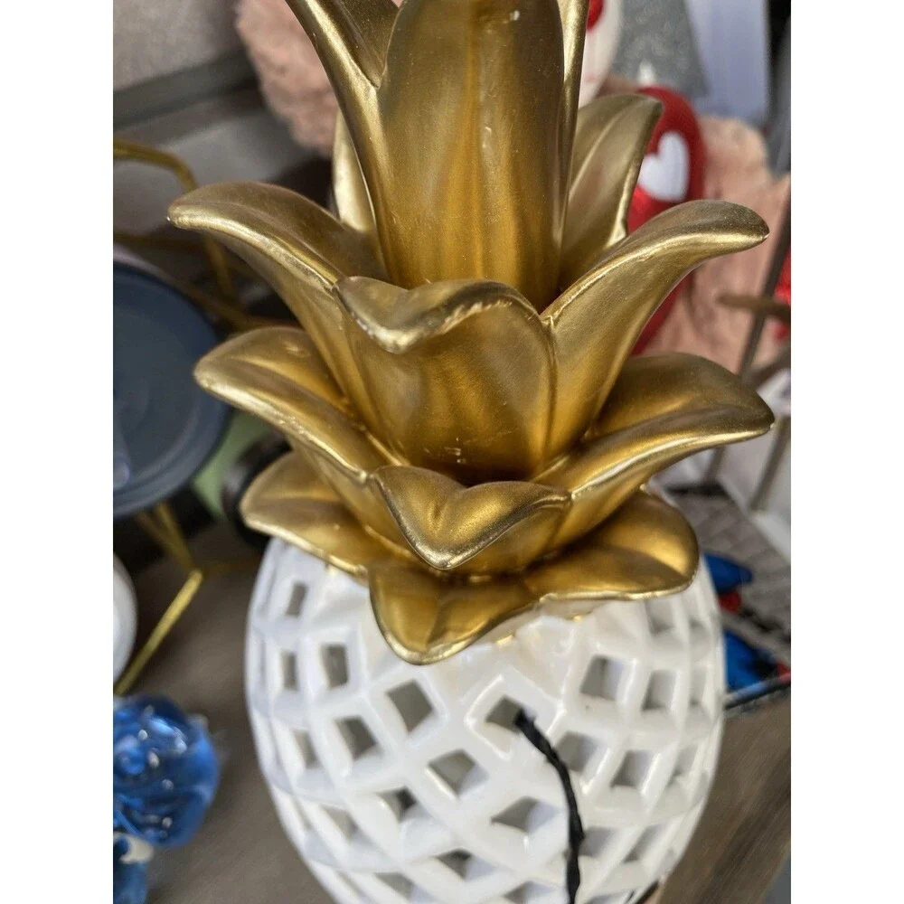 CK Designs Ceramic Pineapple LED Lantern White Gold Battery Operated 12”